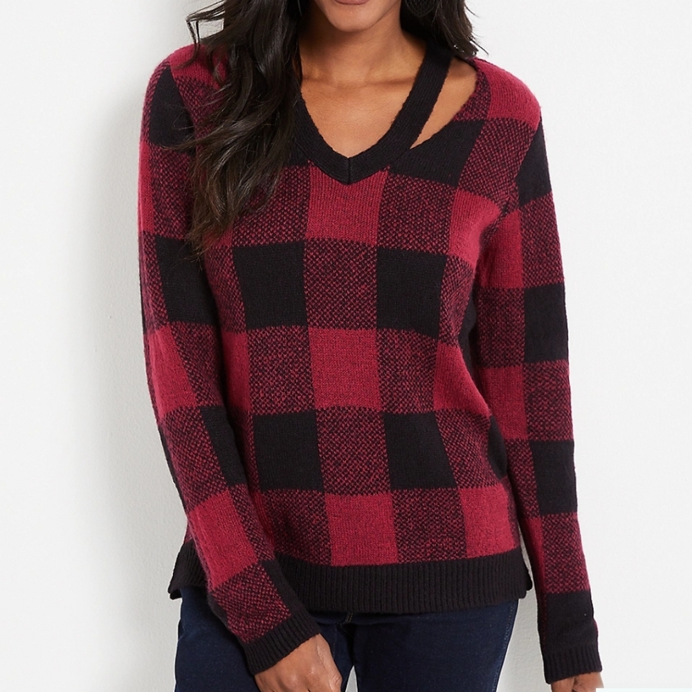 Maurices Red Buffalo Plaid Cut Out Neck Sweater